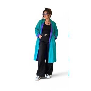 Vintage Clasile Trench Coat XL Turquoise Purple 80s 90s Colorblock Statement